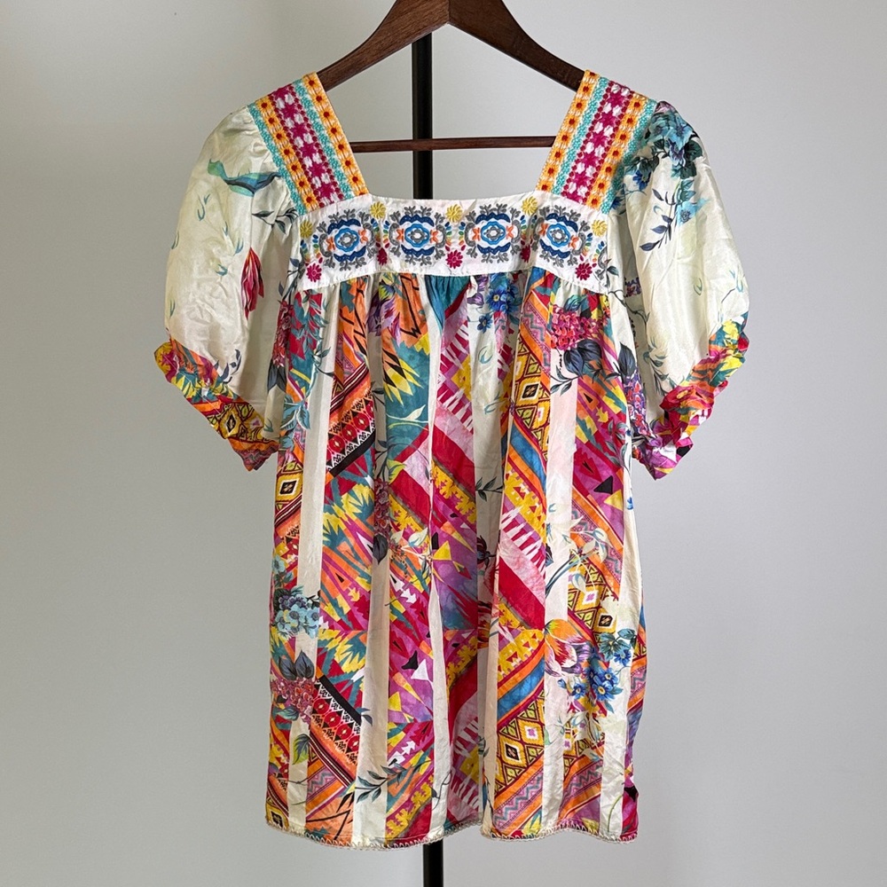 Johnny Was "Tweety" Mixed Print Silk Embroidered Blouse - Boho. Size S